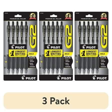 (3 pack) Pilot G2 Retractable Gel Ink Pens, Bold Point, 1.00 mm, Black Ink, 5 Count