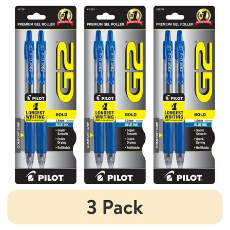(3 pack) Pilot G2 Retractable Gel Pens, Bold Point, Blue, 2 Count