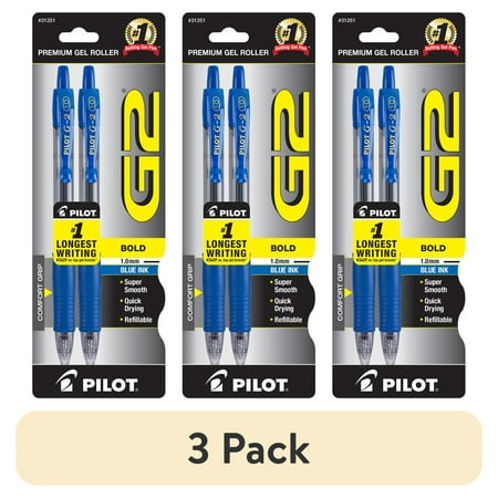 (3 pack) Pilot G2 Retractable Gel Pens, Bold Point, Blue, 2 Count