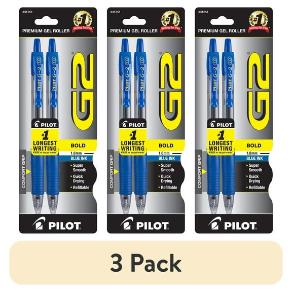 (3 pack) Pilot G2 Retractable Gel Pens, Bold Point, Blue, 2 Count
