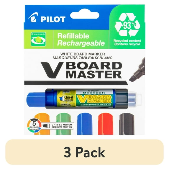 (3 pack) Pilot BeGreen Vboard Master Dry Erase Markers, Chisel Tip, Assorted Colors, 5 Count