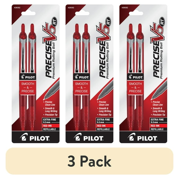 (3 pack) Pilot Precise V5 Retractable Rolling Ball Pens, Extra Fine Point, 0.5mm, Red Ink, 2 Pack