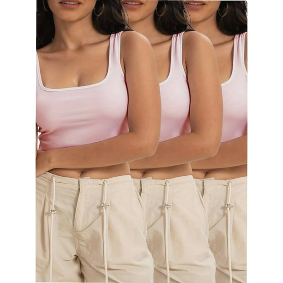 3-pack Pink Women's Sleeveless Strappy Tank Square Neck Double Layer Workout Fitness Casual Basic Crop Tops