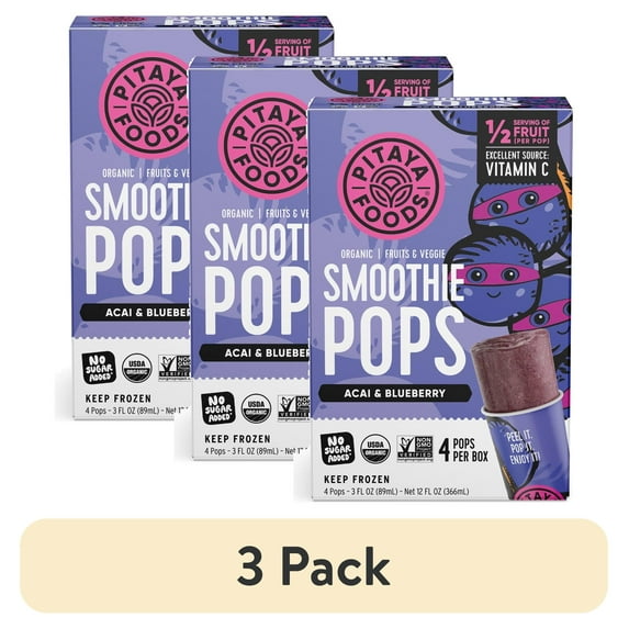 (3 pack) Pitaya Foods Acai & Blueberry Frozen Smoothie Pops, 3 fl oz, 4 Count