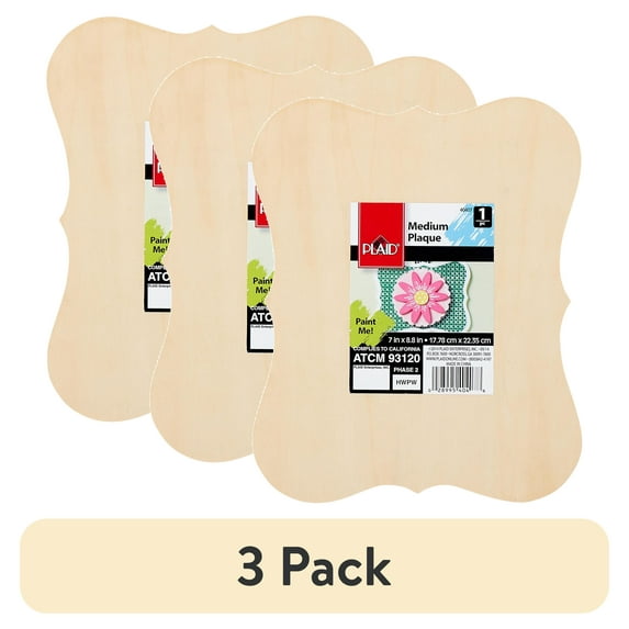 (3 pack) Plaid Unpainted Wood Surface, Medium Die Cut Plaque, 1 Piece, 8.75" x 6.63"