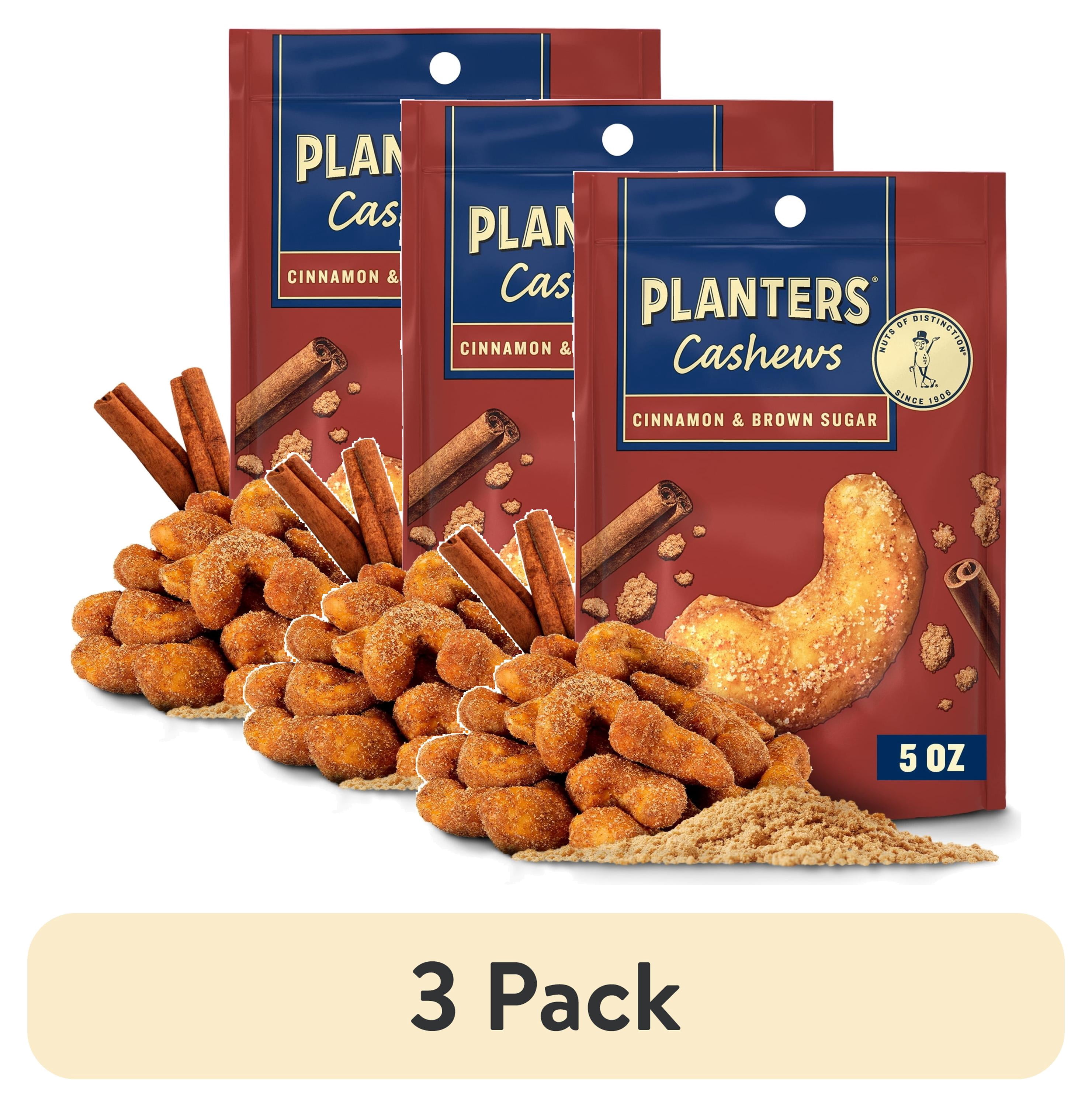 (3 pack) Planters Cinnamon & Brown Sugar Whole Flavored Cashews, Plant Based Protein Snacks for Adults, On-The-Go Snacks, Gluten Free, 5 oz Resealable Package
