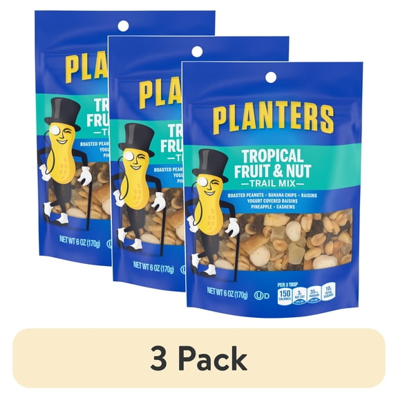 (3 pack) Planters Tropical Fruit & Nut Trail Mix with Roasted Peanuts, Banana Chips, Raisins, Yogurt Raisins, Pineapple & Cashews, 6 oz Bag