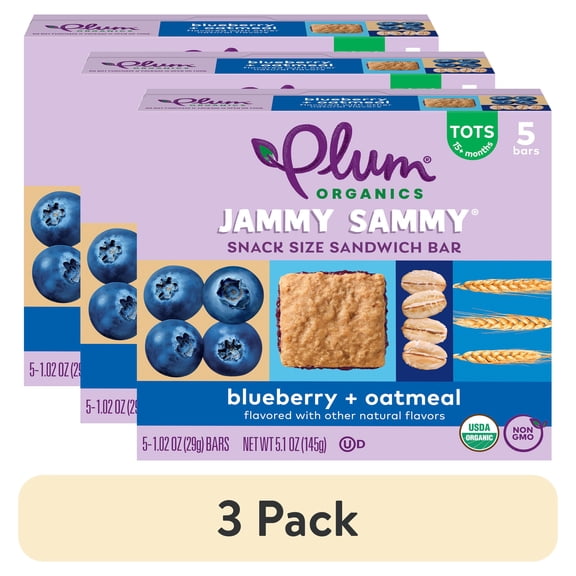 (3 pack) Plum Organics Jammy Sammy Snack Size Sandwich Bar Blueberry + Oatmeal 5-Count Box/1.02oz Bars
