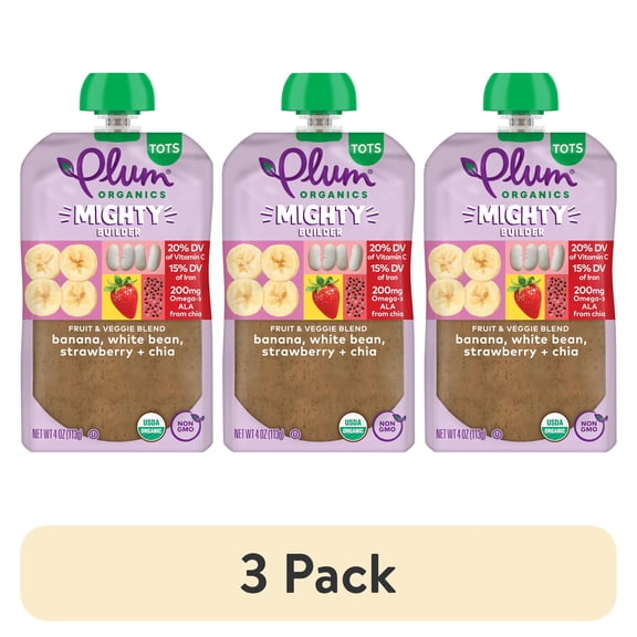 (3 pack) Plum Organics® Tots Mighty Builder Fruit & Veggie Blend Banana, White Bean, Strawberry + Chia 4oz Pouch