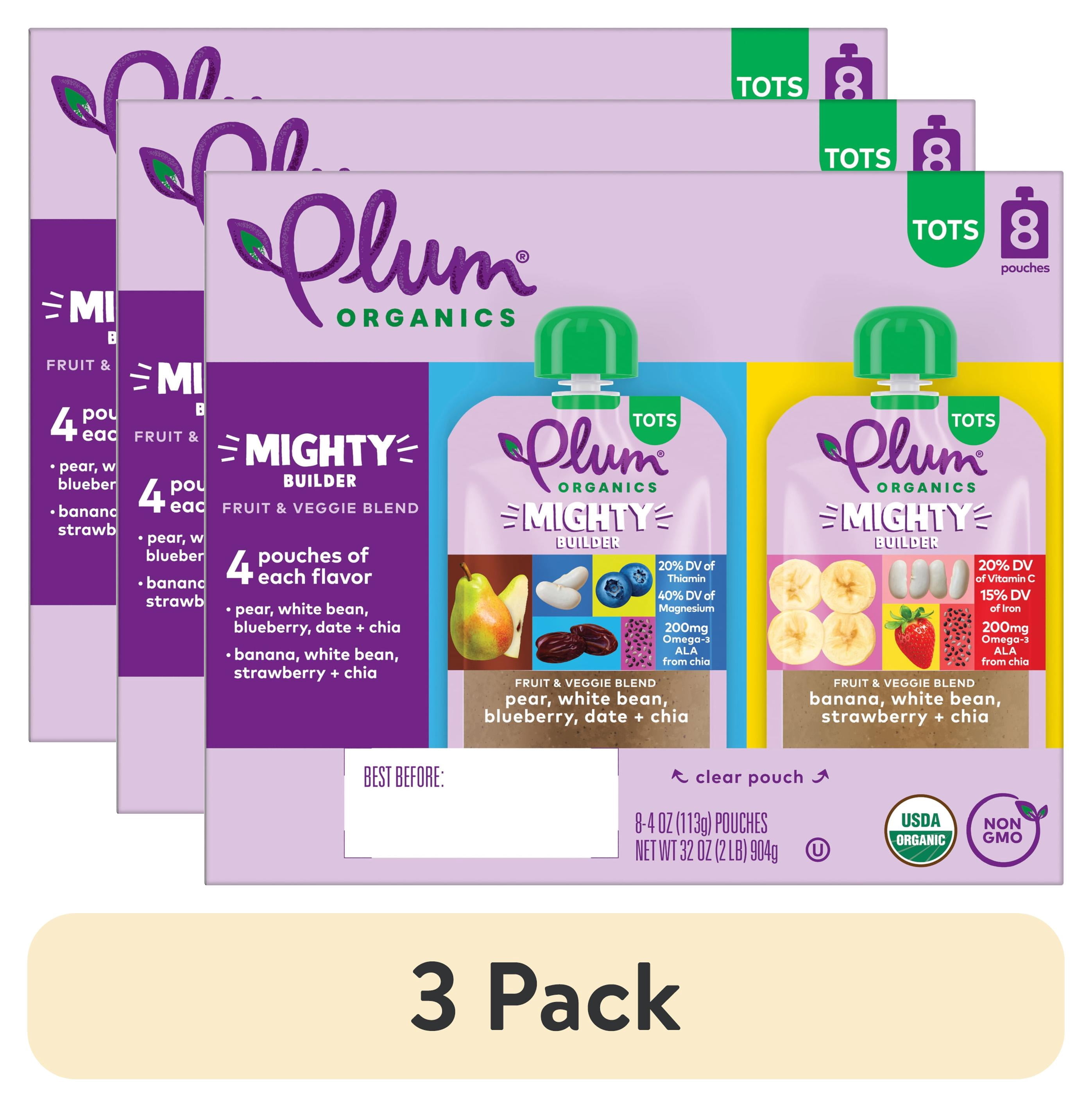 (3 pack) Plum Organics® Tots Mighty Builder Fruit & Veggie Blend Pear, White Bean, Blueberry, Date + Chia & Banana, White Bean, Strawberry + Chia 4oz Pouch-8-Pack