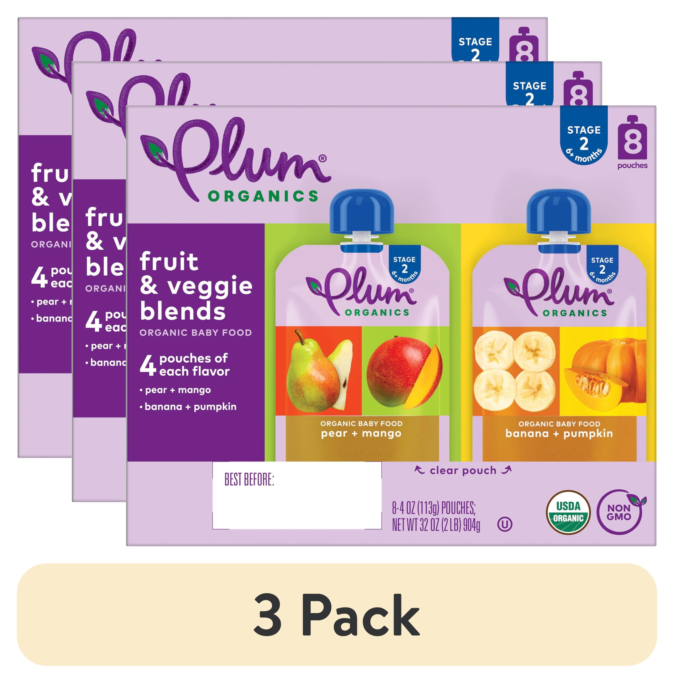 (3 pack) Plum Organics® Stage 2 Fruit & Veggie Blends Organic Baby Food Pear + Mango and Banana + Pumpkin 4oz Pouch-8-Pack
