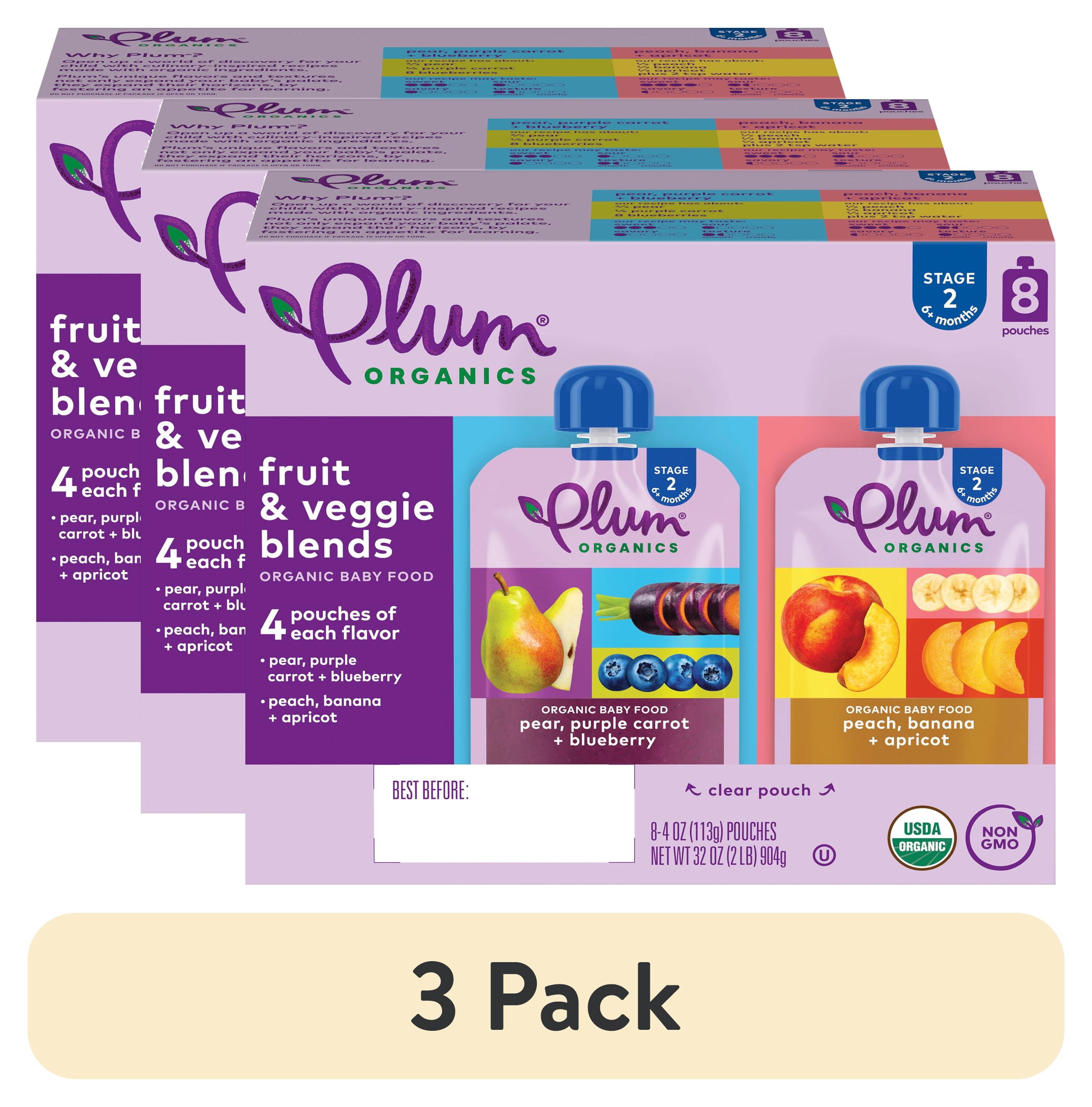 (3 pack) Plum Organics Stage 2 Fruit & Veggie Blends Organic Baby Food Variety 4oz Pouch-8-Pack