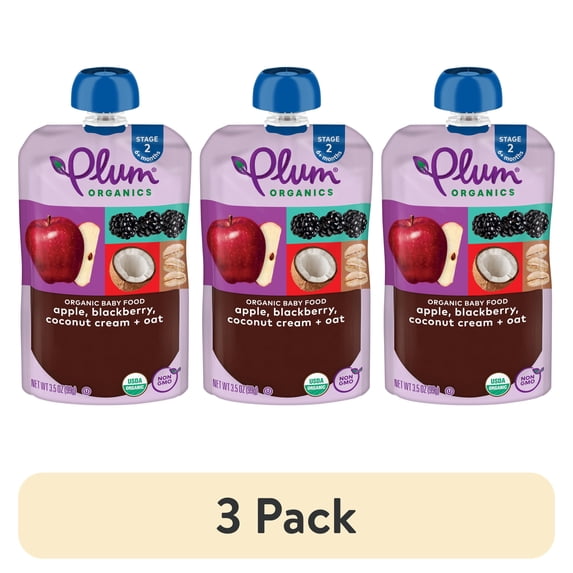 (3 pack) Plum Organics® Stage 2 Organic Apple, Blackberry, Coconut Cream & Oat 3.5oz Pouch