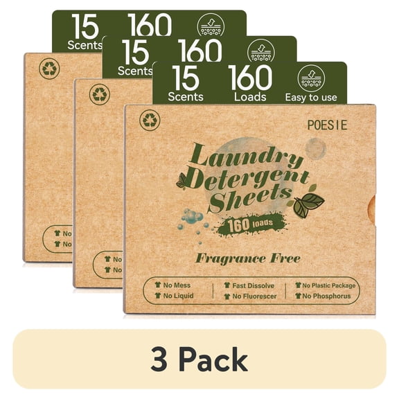 (3 pack) Poesie Laundry Detergent Sheets, Fragrance Free, Liquidless, 160 Count, 1 Pack