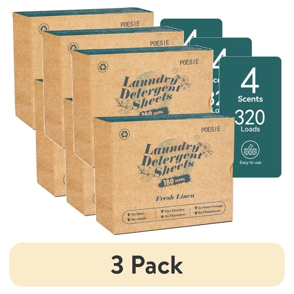 (3 pack) Poesie Laundry Detergent Sheets, Fresh Linen Scent, Liquidless, 320 Count, 160 Loads, 2 Pack
