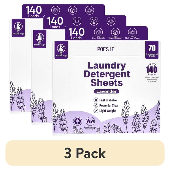 (3 pack) Poesie Laundry Detergent Sheets, Lavender, 140 Loads, 1 Pack of 70