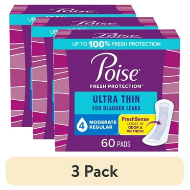 (3 pack) Poise Ultra Thin Incontinence Pads, 4 Drop Moderate Absorbency, Regular Length, 60 Count
