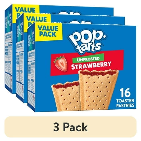 (3 pack) Pop-Tarts Unfrosted Strawberry Toaster Pastries, Breakfast Foods, Shelf-Stable, 27 oz (16 Count)