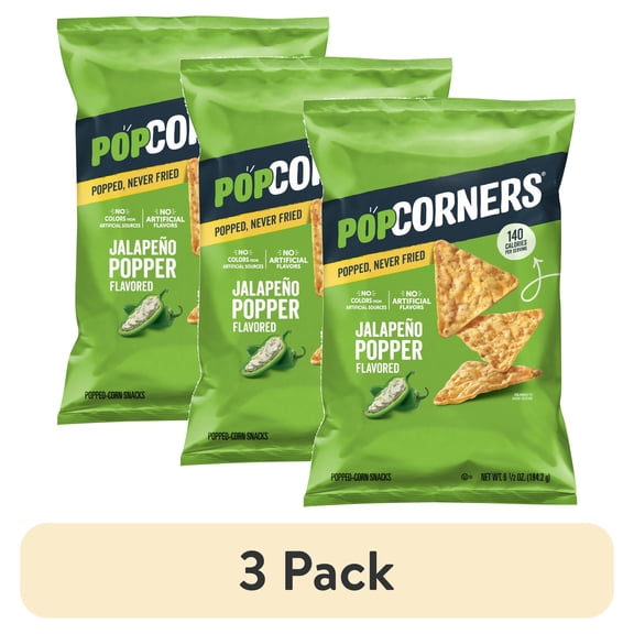 (3 pack) PopCorners No Artificial Colors or Flavors Jalapeno Popper Popped Corn Chips Bag, 6.5 oz
