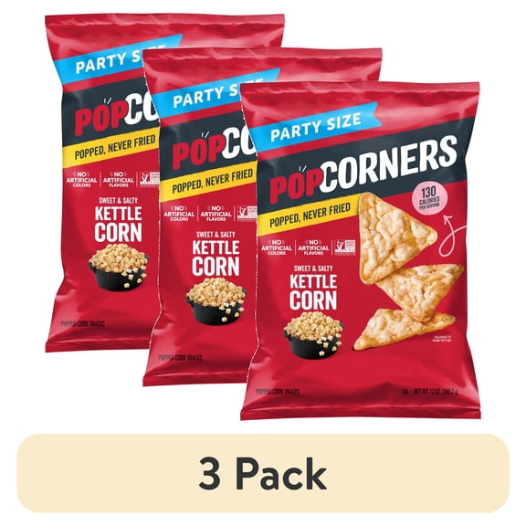 (3 pack) PopCorners No Artificial Colors or Flavors Kettle Corn Popped Corn Chips Bag, 12 oz