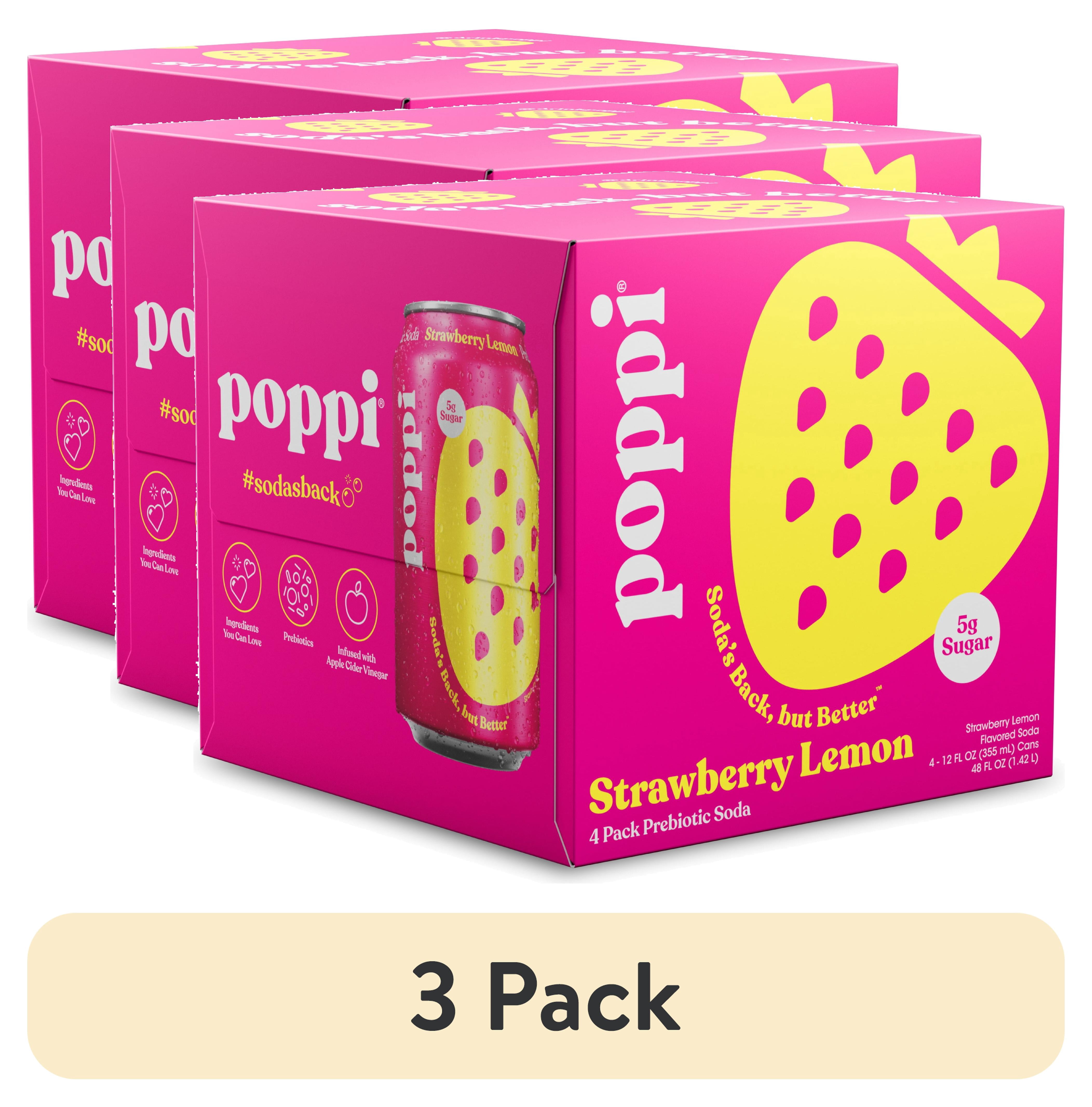 (3 pack) poppi Strawberry Lemon Prebiotic Soda, 12 fl oz, 4 Pack Cans