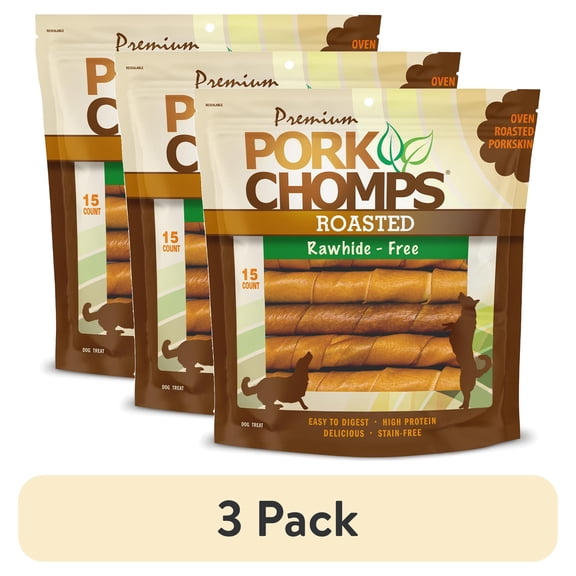 (3 pack) Pork Chomps Premium Rawhide-Free Roasted Pork Twists Dog Chews, 6 Inch, 15 Count