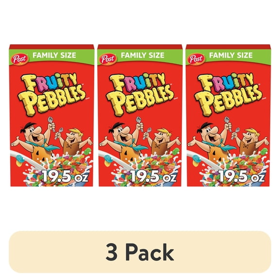 (3 pack) Post Fruity PEBBLES Breakfast Cereal, Gluten Free, Family Size Box, 19.5 oz