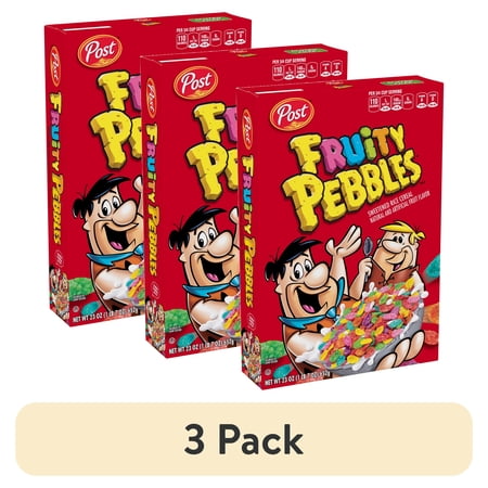 (3 pack) Post Fruity PEBBLES Breakfast Cereal, Gluten Free, 10 Vitamins and Minerals, Breakfast Snacks, Sweetened Rice Cereal, Extra Large Box, 23 Oz
