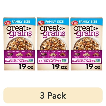 (3 pack) Post Great Grains Raisins, Dates & Pecans Cereal, Heart Healthy, Whole Grain, Crunchy 19oz Box