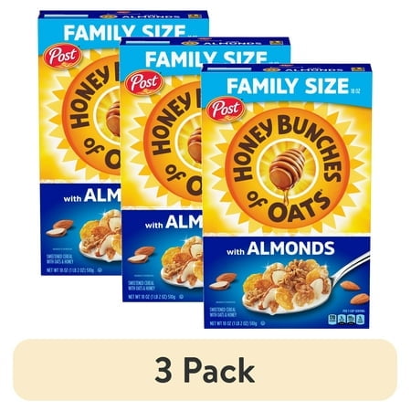 (3 pack) Post Honey Bunches of Oats with Almonds Breakfast Cereal, Crunchy Family Size Cereal, 18 oz Box