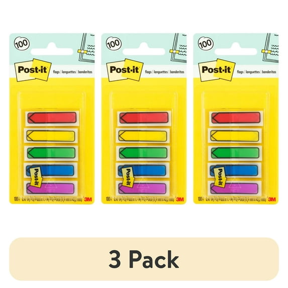 (3 pack) Post-it Arrow Flags, Assorted Primary Colors, .47" Wide, 100 Flags