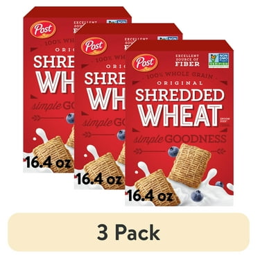 (3 pack) Post Spoon Size Shredded Wheat, Whole Grain Breakfast Cereal, High Fiber, Kosher, Crunchy 16.4oz Box