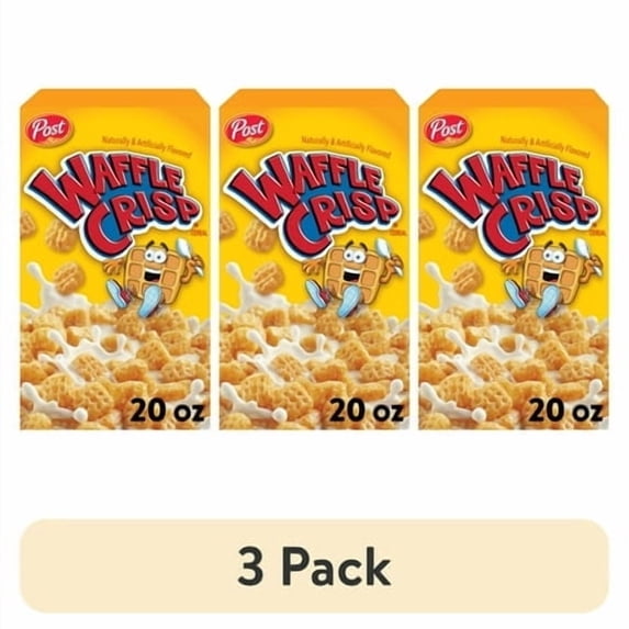 (3 pack) Post Waffle Crisp Breakfast Cereal, Sweetened Waffle Shaped Cereal, Crunchy 20 oz Box