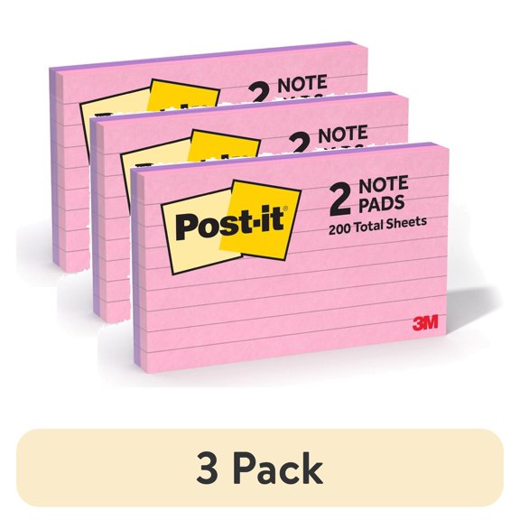 (3 pack) Post-it Lined Sticky Notes, 3" x 5", Pink and Lilac, 2 Pads