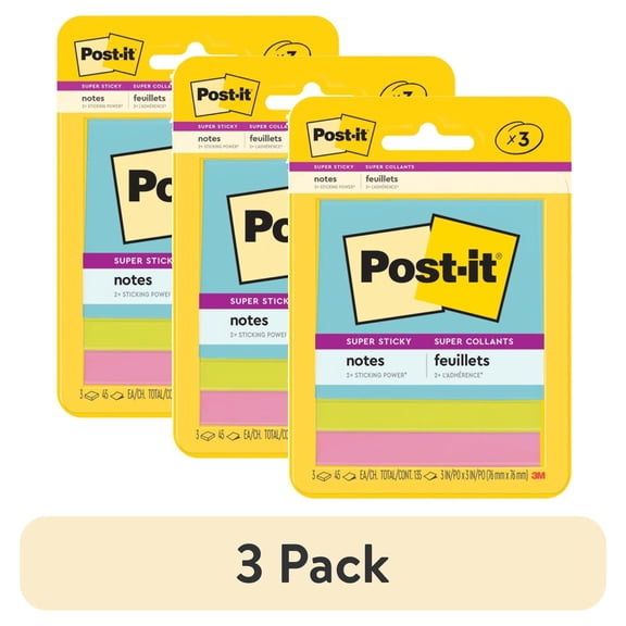 (3 pack) Post-it Super Sticky Notes, 3 in. x 3 in., Supernova Neons Collection, 3 Pads