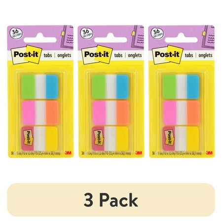 (3 pack) Post-it Tabs, 1" Wide Aqua, Yellow, Pink, Red, Green, Orange, 36 Tabs