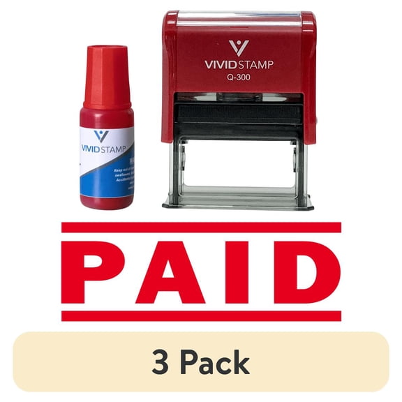 (3 pack) Precision and Convenience: Vivid Stamp Paid Self Inking Rubber Stamp Combo With Refill (Red Ink) - Large