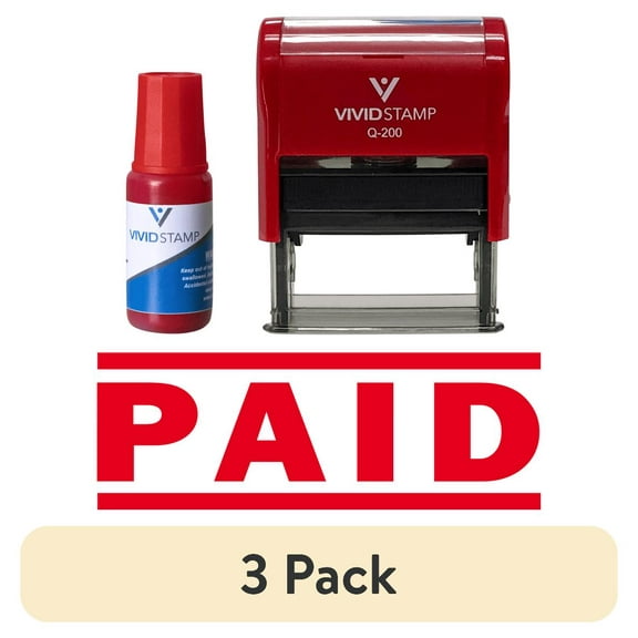 (3 pack) Precision and Convenience: Vivid Stamp Paid Self Inking Rubber Stamp Combo With Refill (Red Ink) - Medium