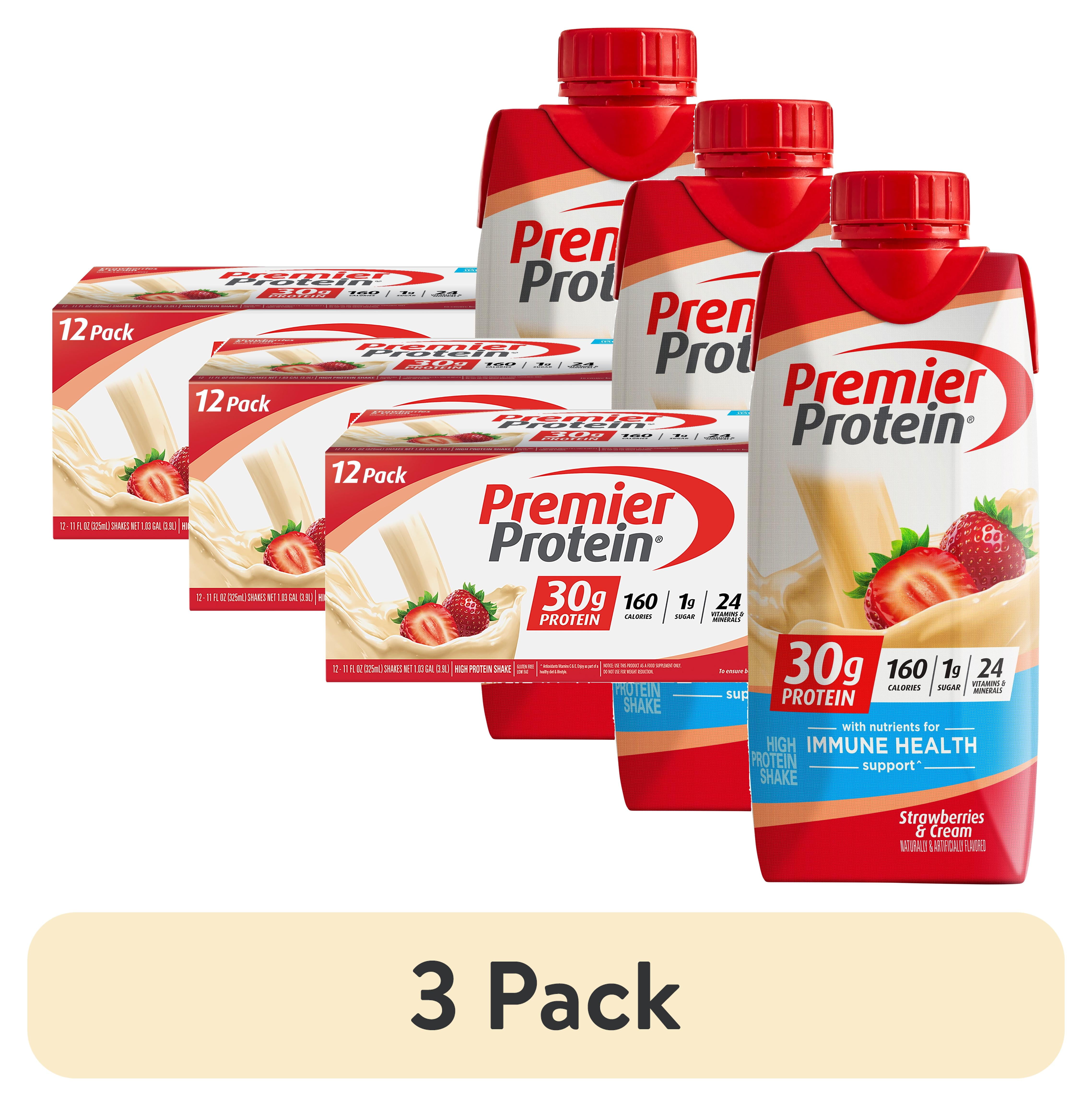 (3 pack) Premier Protein Shake, Strawberries & Cream, 30g Protein, 11 Fl Oz, 12 Ct