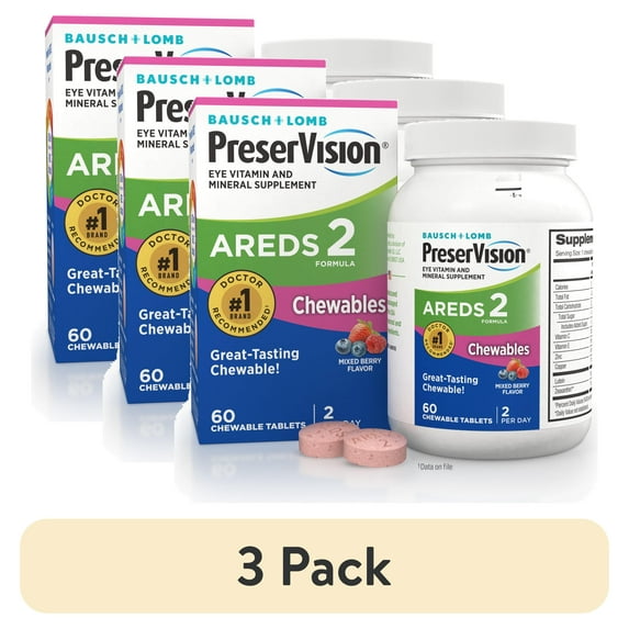 (3 pack) PreserVision AREDS 2 Eye Vitamins and Minerals with Lutein and Zeaxanthin, Mixed Berry Chewables, 60 Count