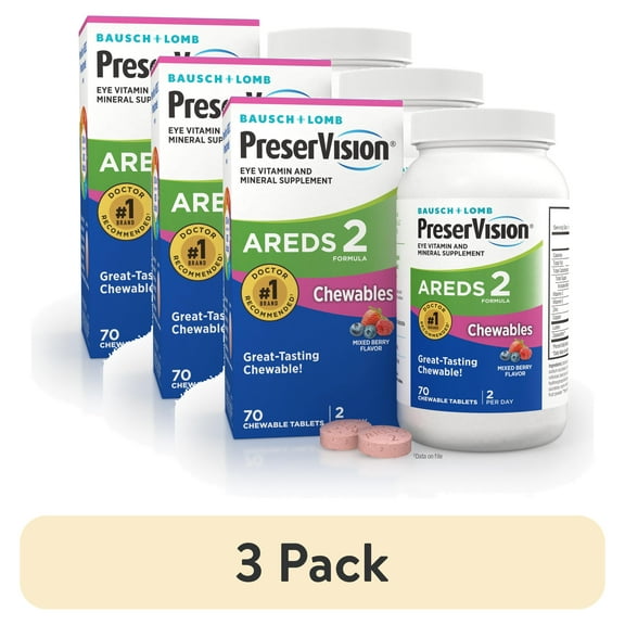 (3 pack) PreserVision AREDS 2 Eye Vitamins and Mineral with Lutein and Zeaxanthin, Mixed Berry Chewables, 70 Count