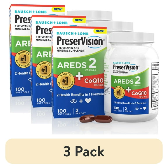 (3 pack) PreserVision AREDS 2 Eye Vitamins with CoQ10 for Heart Health, Lutein, Zeaxanthin, Vitamin C & E, Zinc, Copper, 100 Softgels
