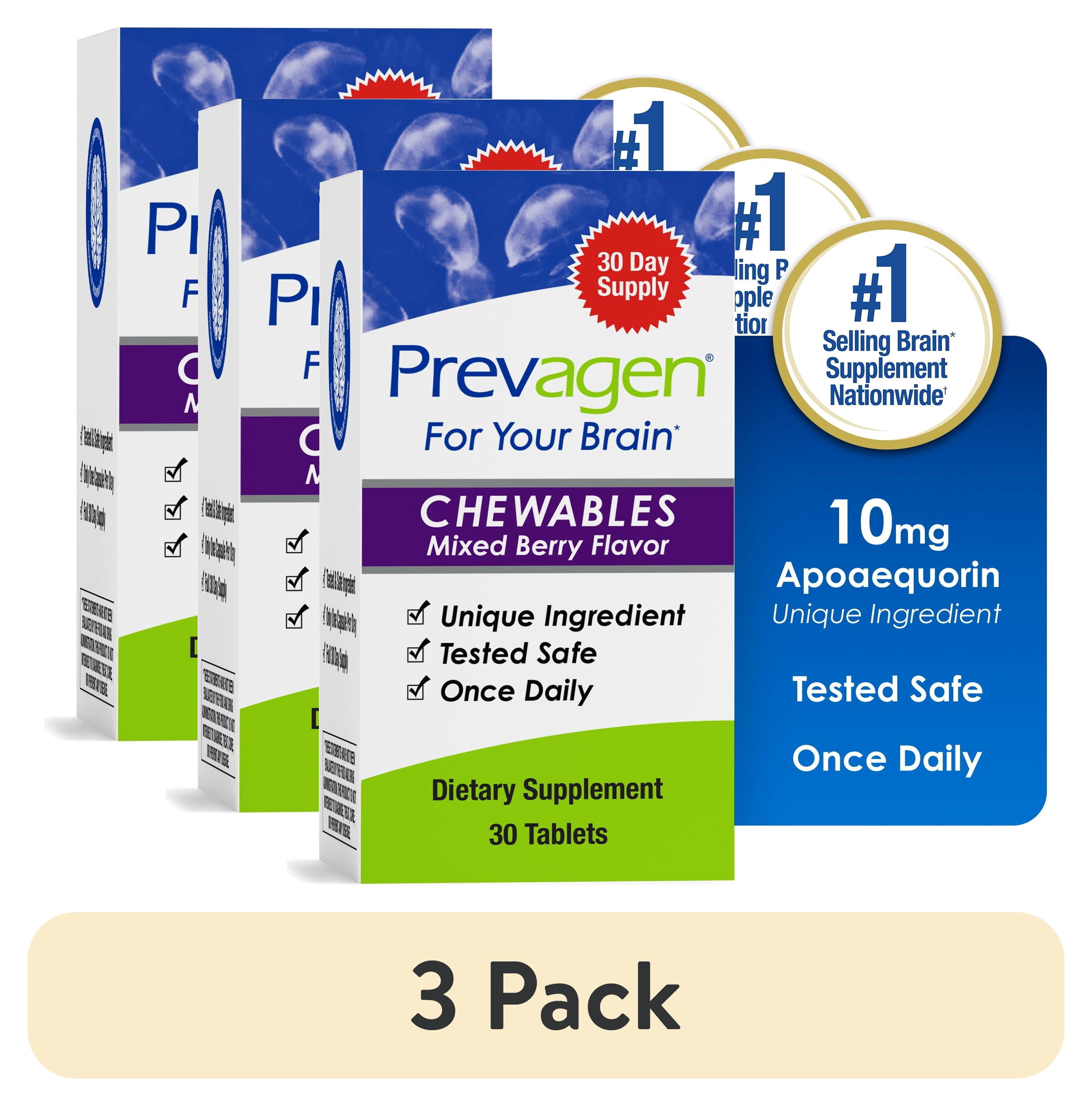 (3 pack) Prevagen Regular Strength Chewable Tablets 10mg, Mixed Berry Flavor with Apoaequorin & Vitamin D
