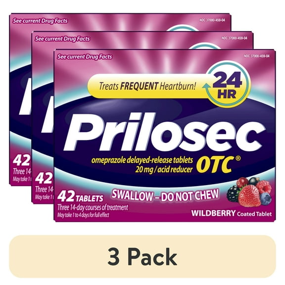 (3 pack) Prilosec OTC Omeprazole 20mg Acid Reducer, Frequent Heartburn Medicine, Wildberry, 42 Count