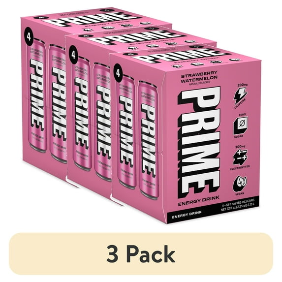 (3 pack) Prime Sugar Free Energy Drink, Strawberry Watermelon, 12 fl oz, 4 Pack, Cans, 200mg Caffeine