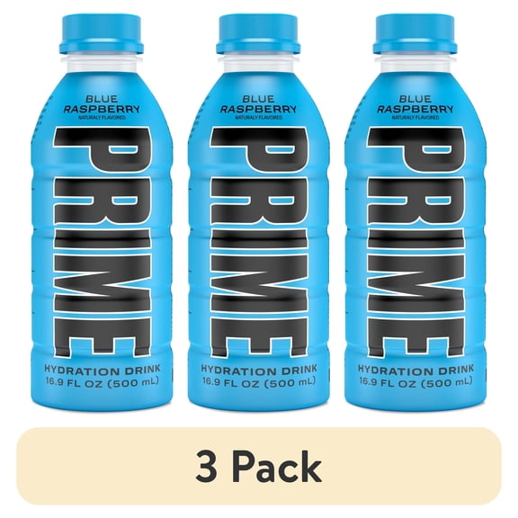 (3 pack) Prime Hydration Blue Raspberry Sports Drink, 16.9 fl oz, Bottle, Allergen-Free