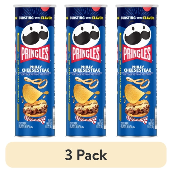 (3 pack) Pringles Philly Cheesesteak Potato Crisps Chips, Lunch Snacks, 5.5 oz Canister