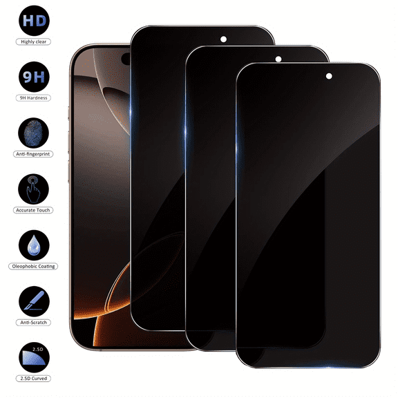 3-pack, Privacy Screen Protector for iPhone 11/12/13/14/15/16 Pro Max Plus, Anti-peep Tempered Glass, 28 °   Viewing Angle, Anti-scratch, Anti-fingerprint, 9H Hardness, Easy to Install