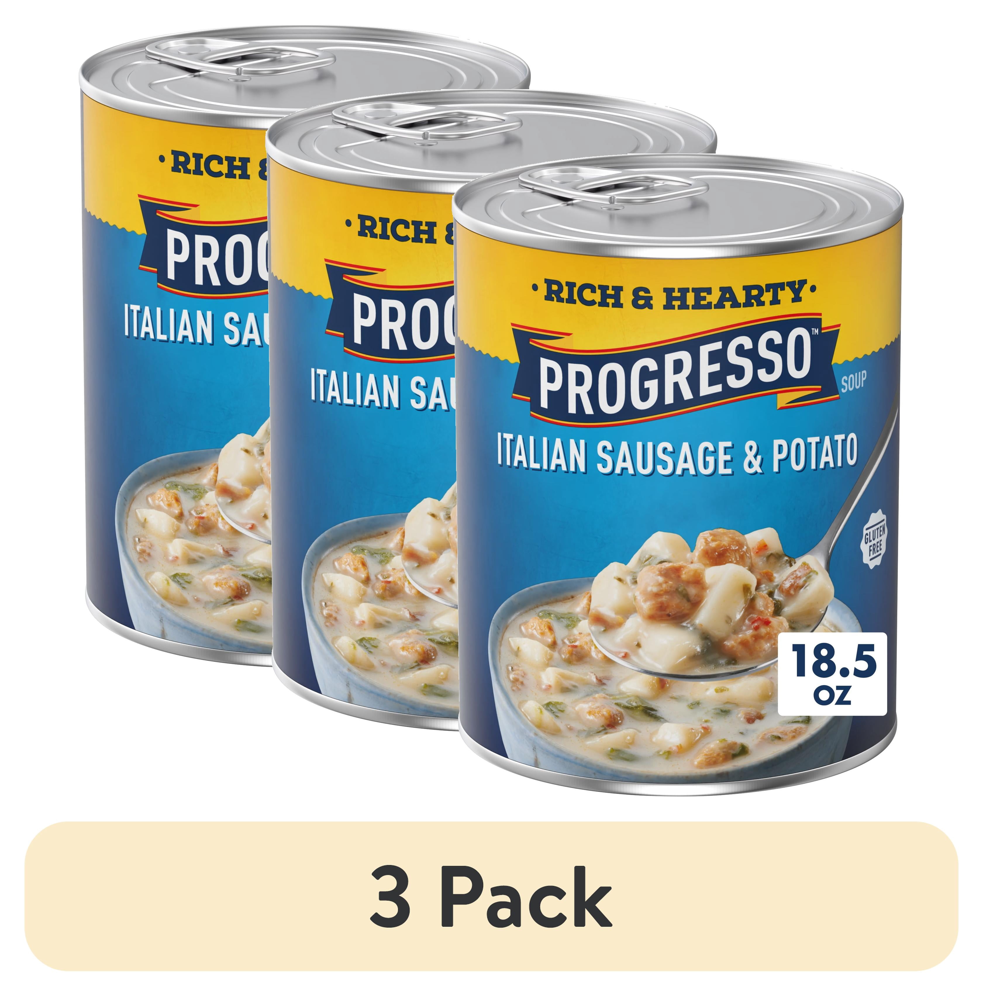 (3 pack) Progresso Rich and Hearty, Italian Sausage and Potato Canned Soup, Gluten Free, 18.5 oz
