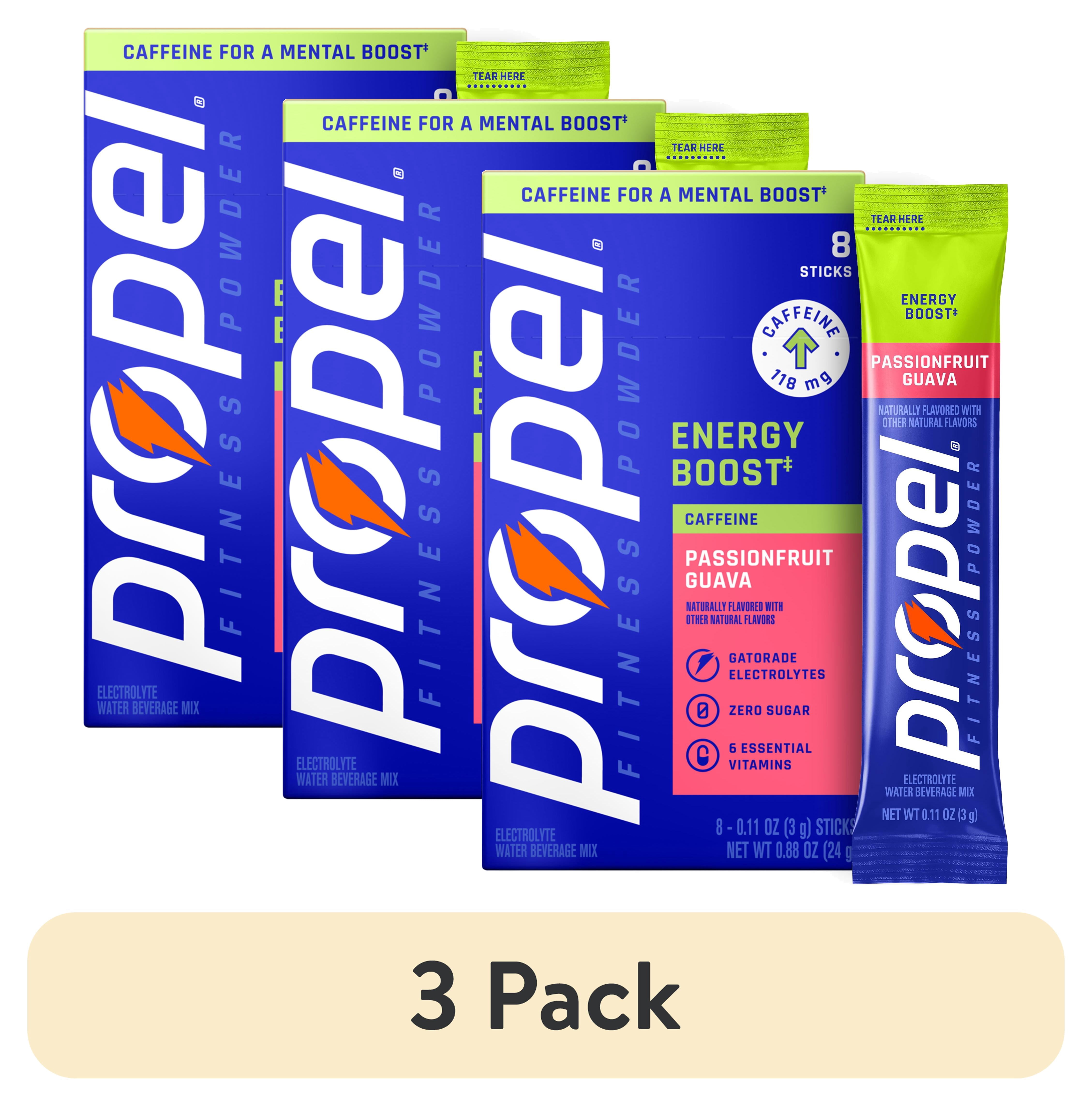 (3 pack) Propel Energy Boost Zero Sugar Passionfruit Guava, On the Go Packs, Electrolyte Powder Drink Mix, 0.11 oz, 8 Count packets